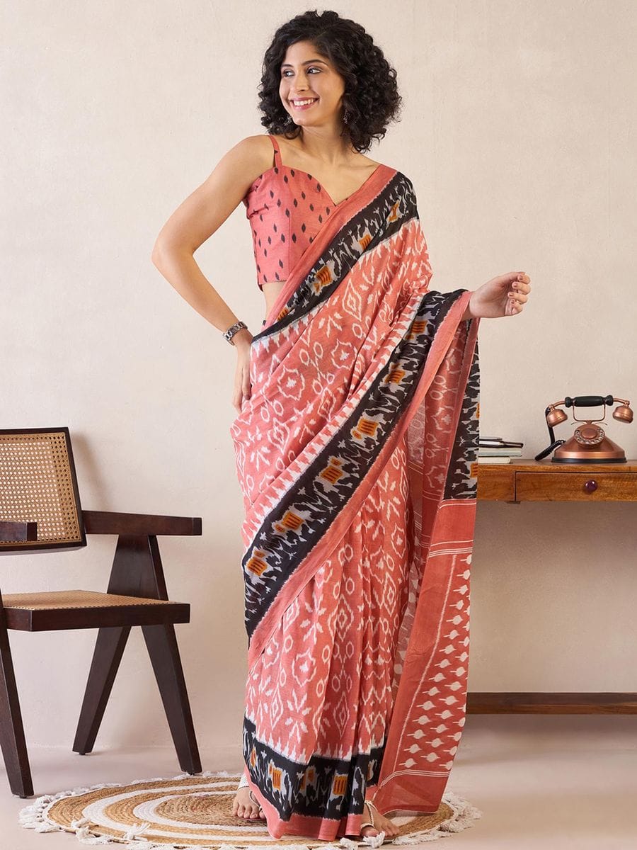 Flamboyant Peach 1 Minute Ready To Wear Mul Cotton Digital Printed Saree With Pocket