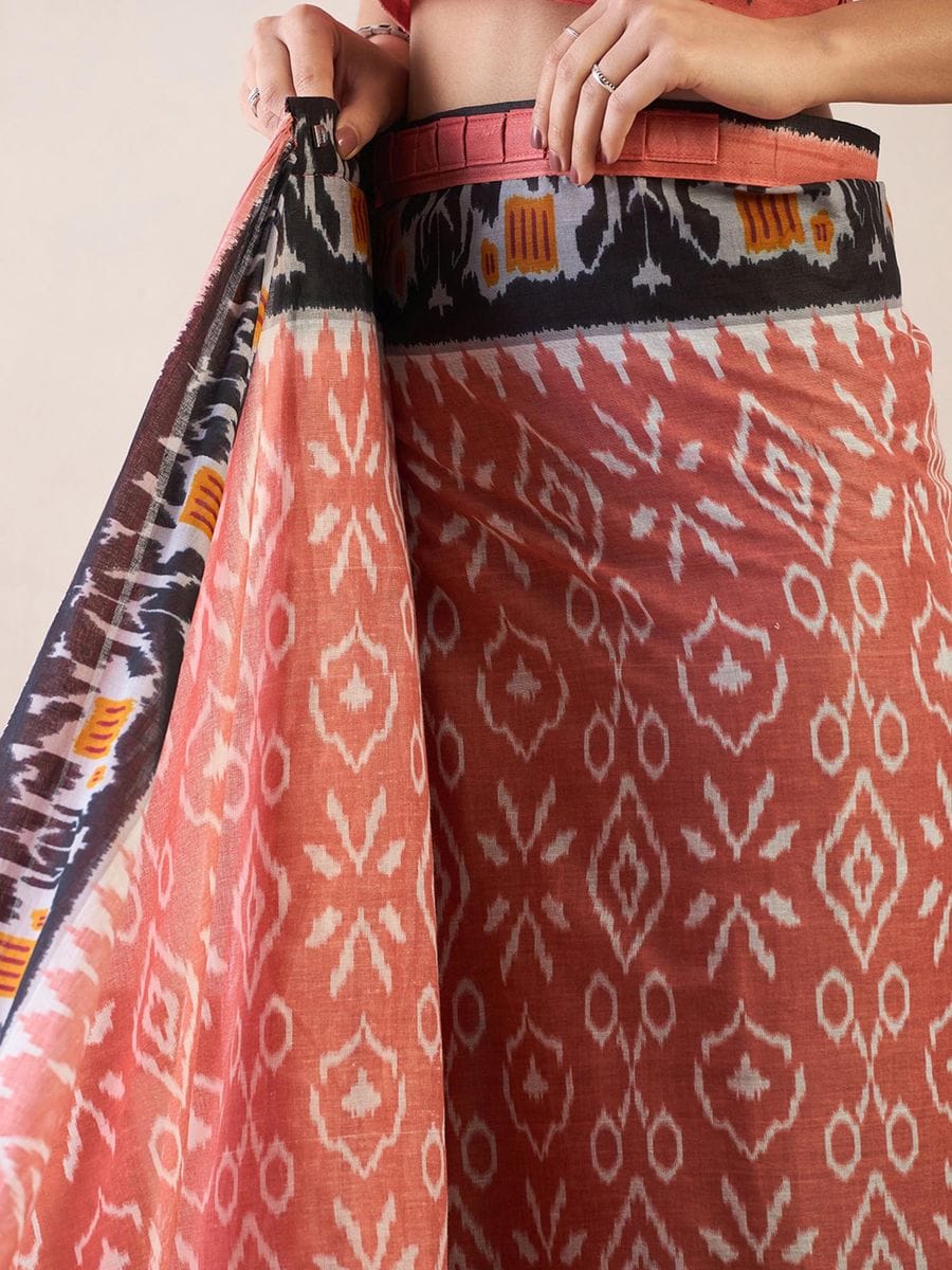 Flamboyant Peach 1 Minute Ready To Wear Mul Cotton Digital Printed Saree With Pocket