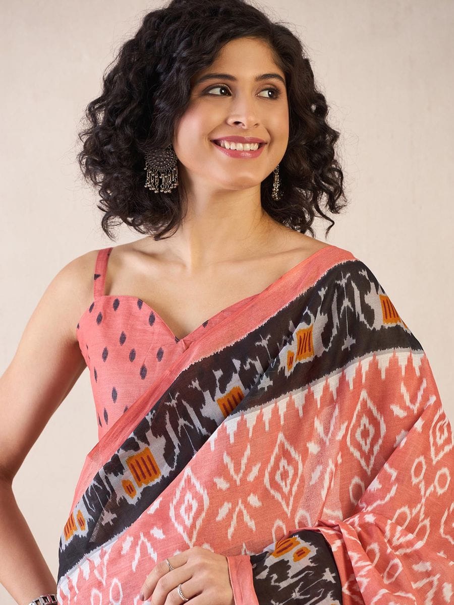 Flamboyant Peach 1 Minute Ready To Wear Mul Cotton Digital Printed Saree With Pocket