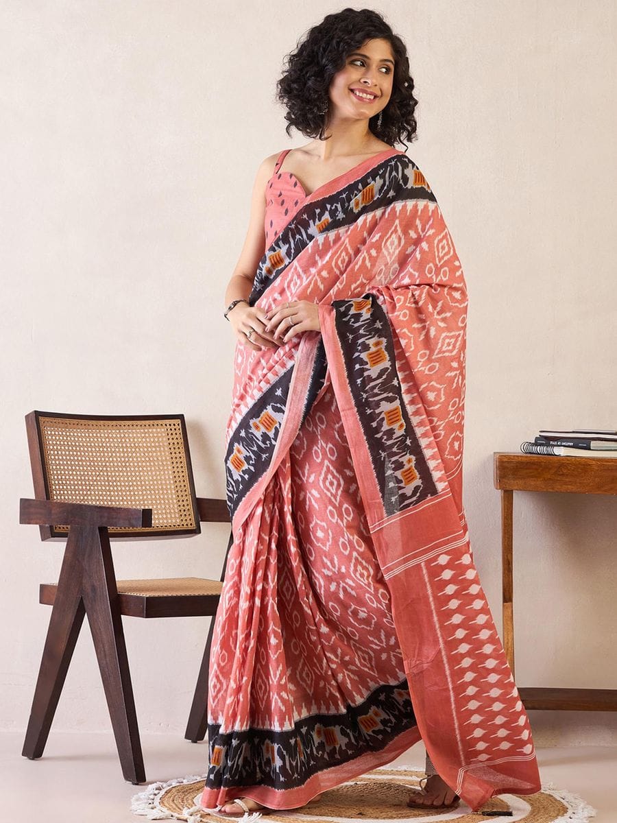 Flamboyant Peach 1 Minute Ready To Wear Mul Cotton Digital Printed Saree With Pocket