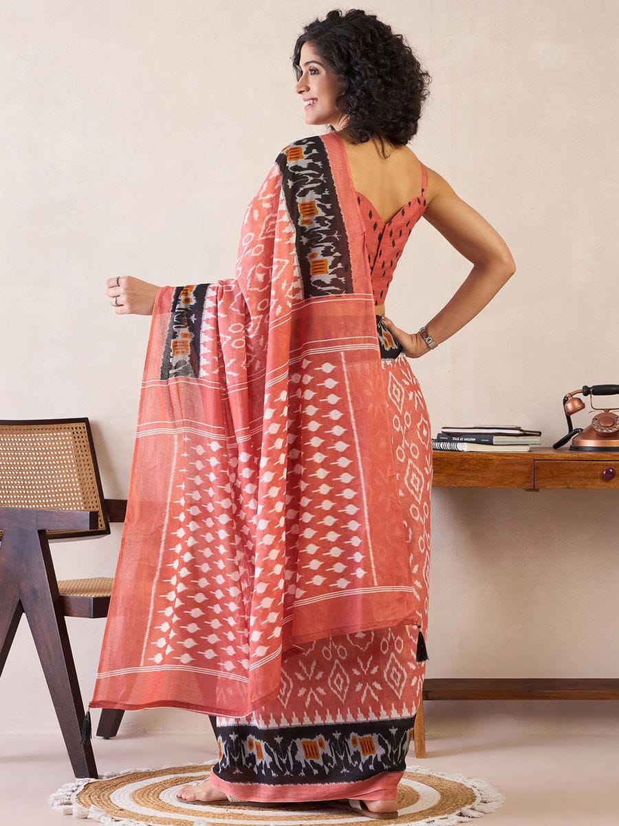 Flamboyant Peach 1 Minute Ready To Wear Mul Cotton Digital Printed Saree With Pocket