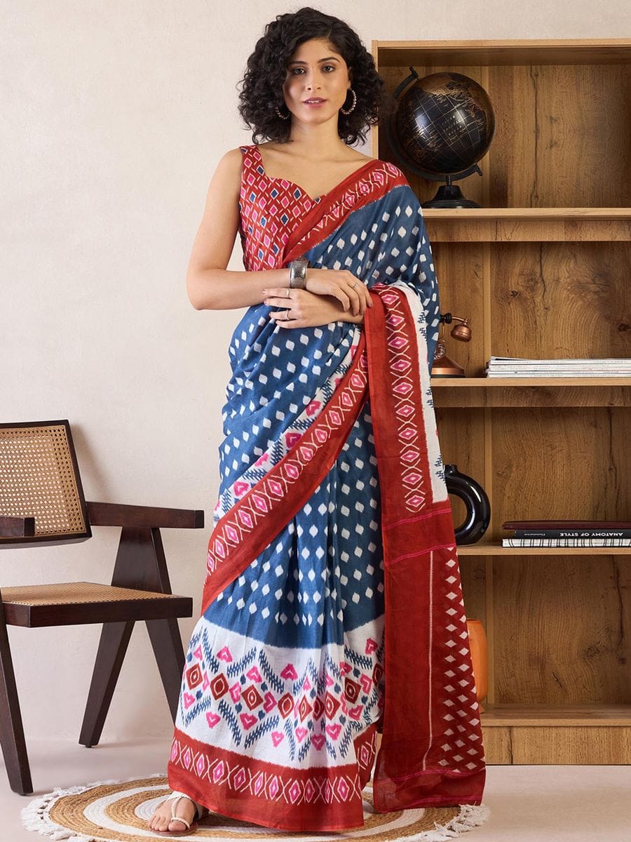 Glowing Blue 1 Minute Ready To Wear Mul Cotton Digital Printed Saree With Pocket