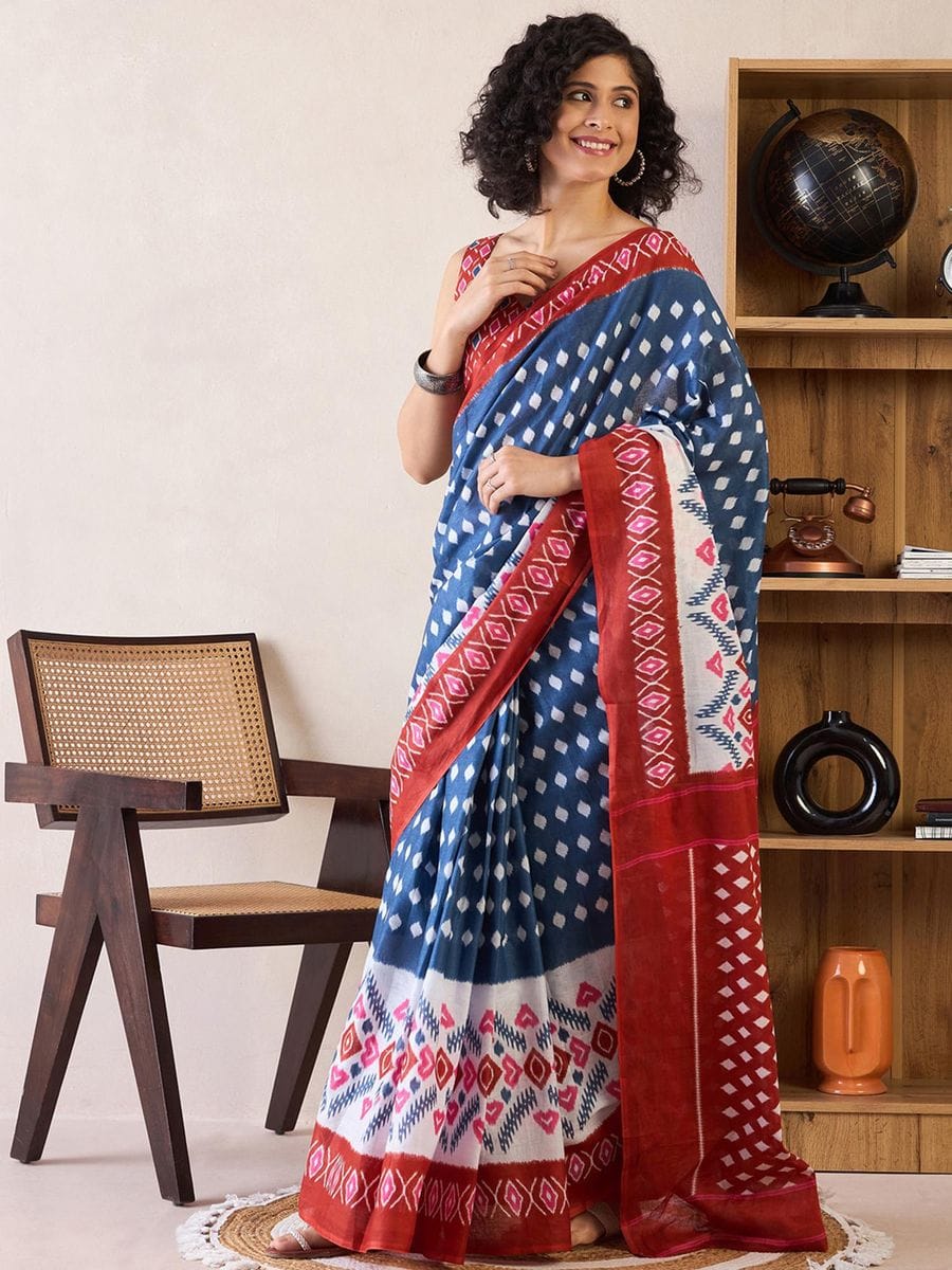 Glowing Blue 1 Minute Ready To Wear Mul Cotton Digital Printed Saree With Pocket