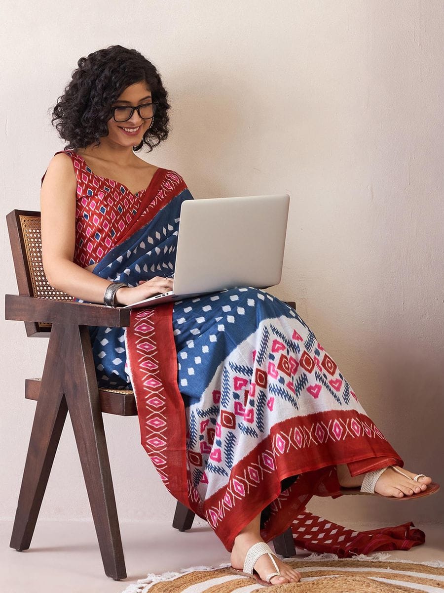 Glowing Blue 1 Minute Ready To Wear Mul Cotton Digital Printed Saree With Pocket