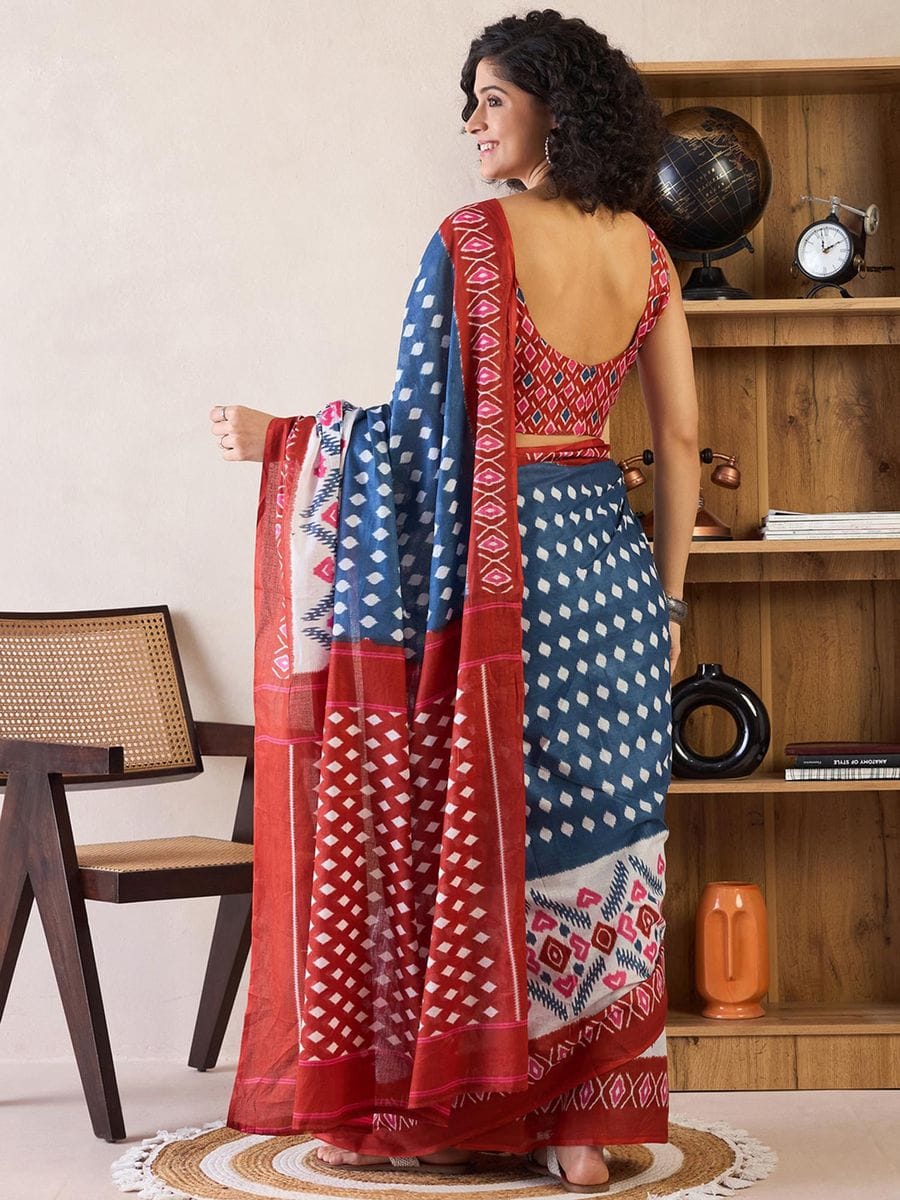 Glowing Blue 1 Minute Ready To Wear Mul Cotton Digital Printed Saree With Pocket