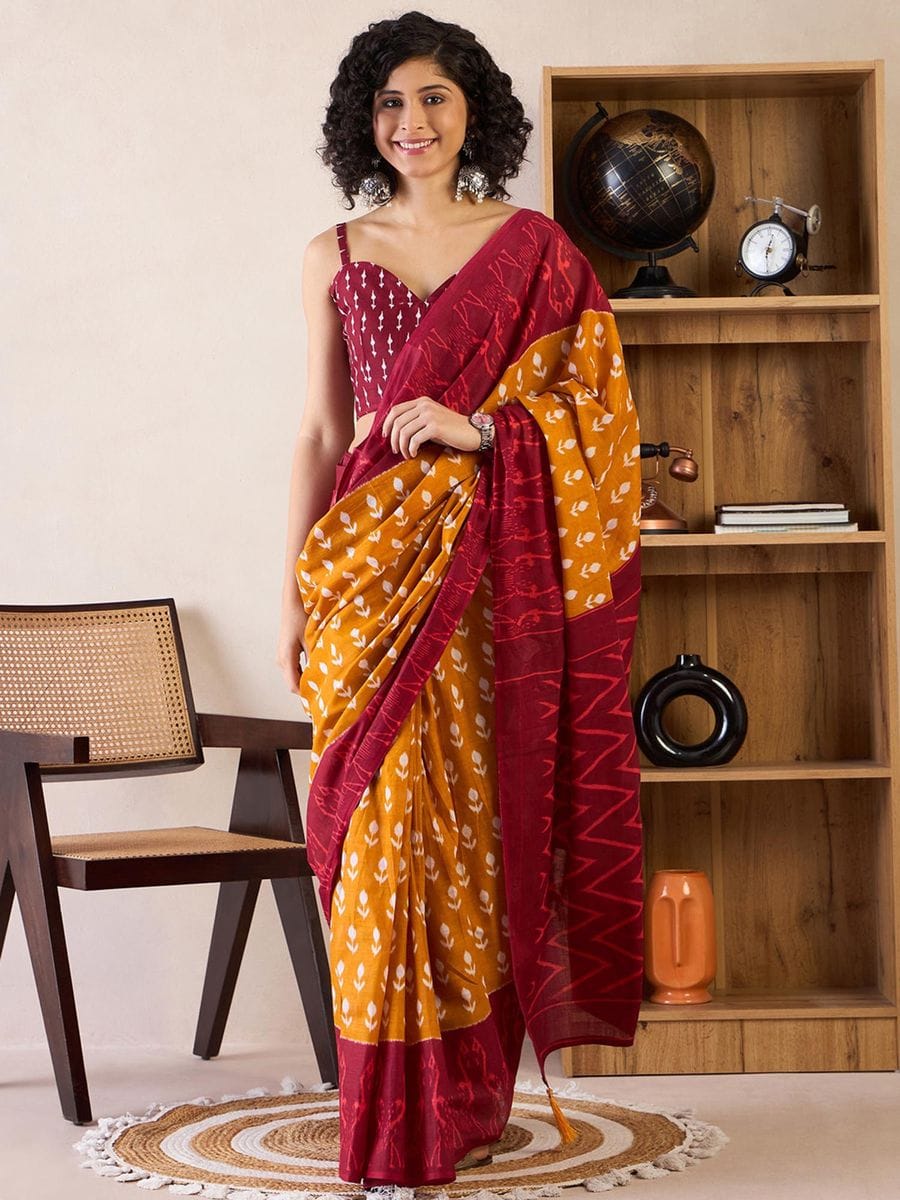 Jazzy Mustered 1 Minute Ready To Wear Mul Cotton Digital Printed Saree With Pocket