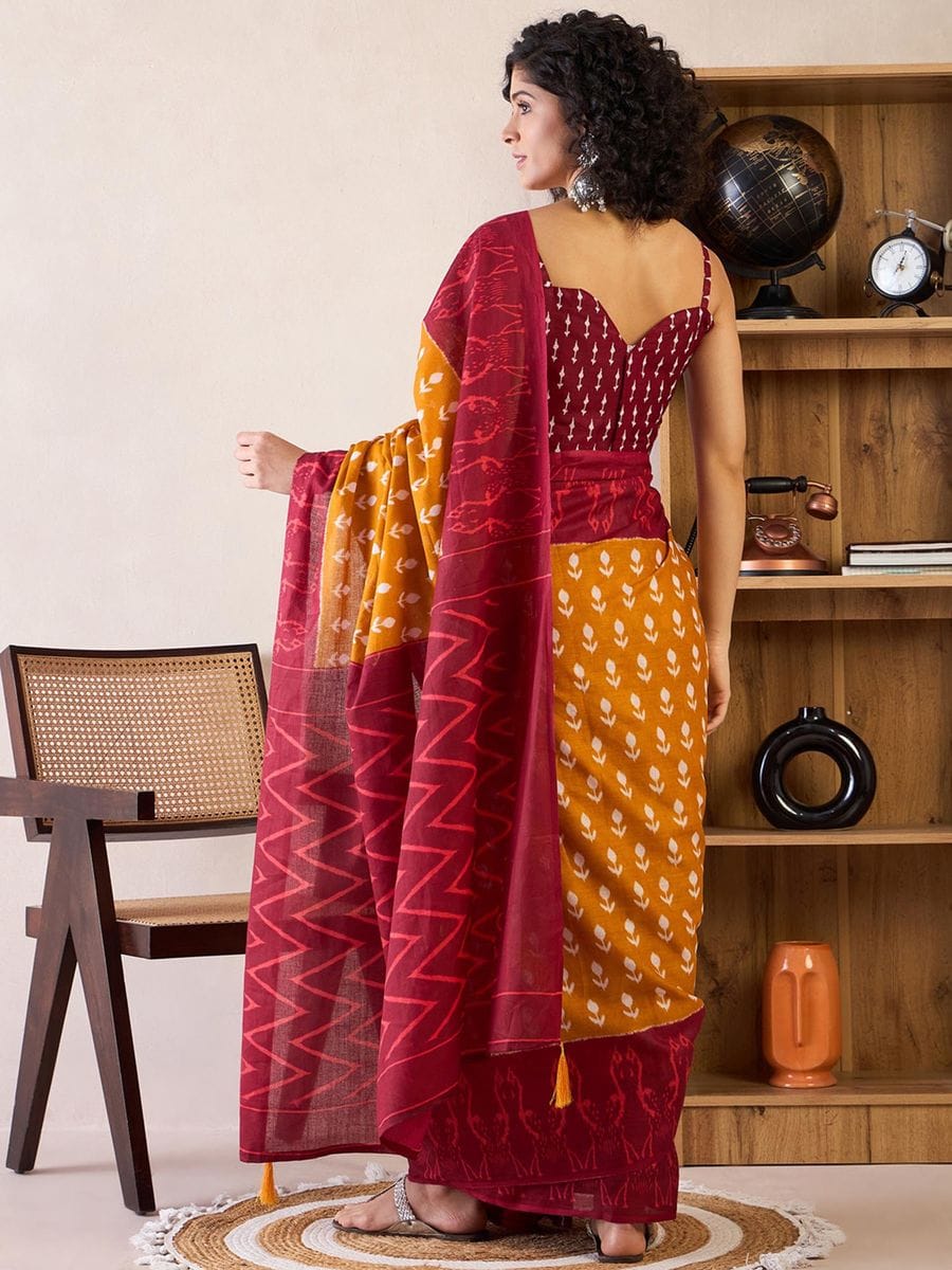 Jazzy Mustered 1 Minute Ready To Wear Mul Cotton Digital Printed Saree With Pocket