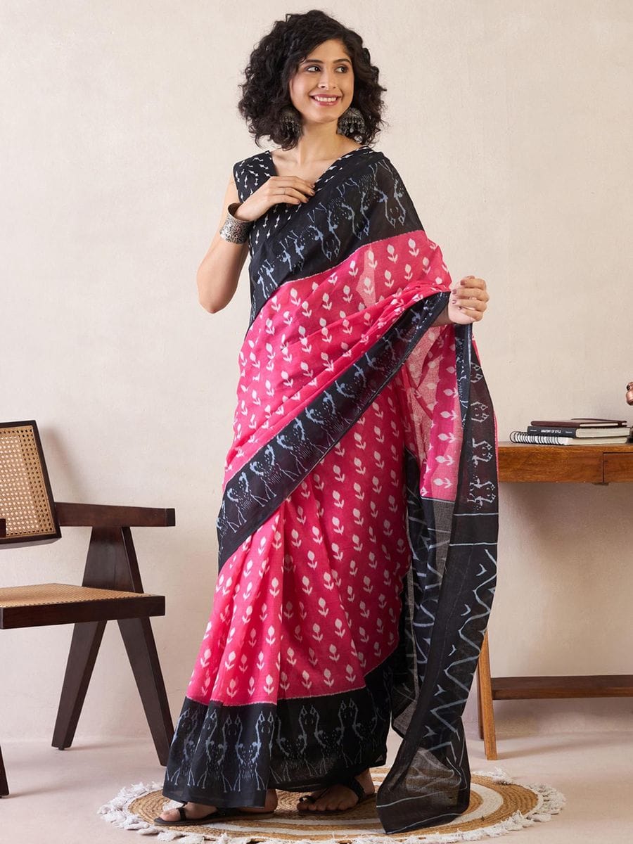 Improbable Pink 1 Minute Ready To Wear Mul Cotton Digital Printed Saree With Pocket