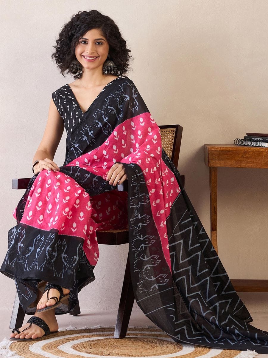 Improbable Pink 1 Minute Ready To Wear Mul Cotton Digital Printed Saree With Pocket