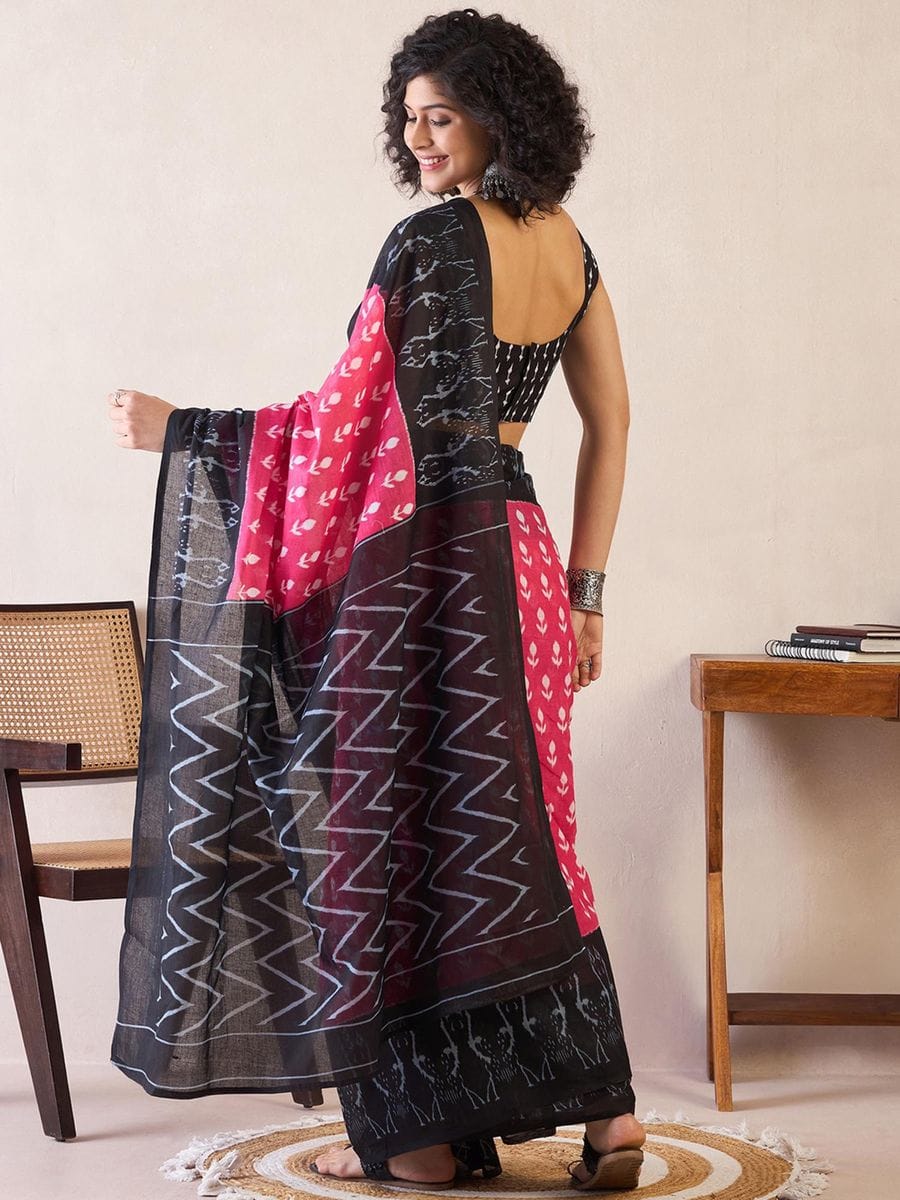 Improbable Pink 1 Minute Ready To Wear Mul Cotton Digital Printed Saree With Pocket