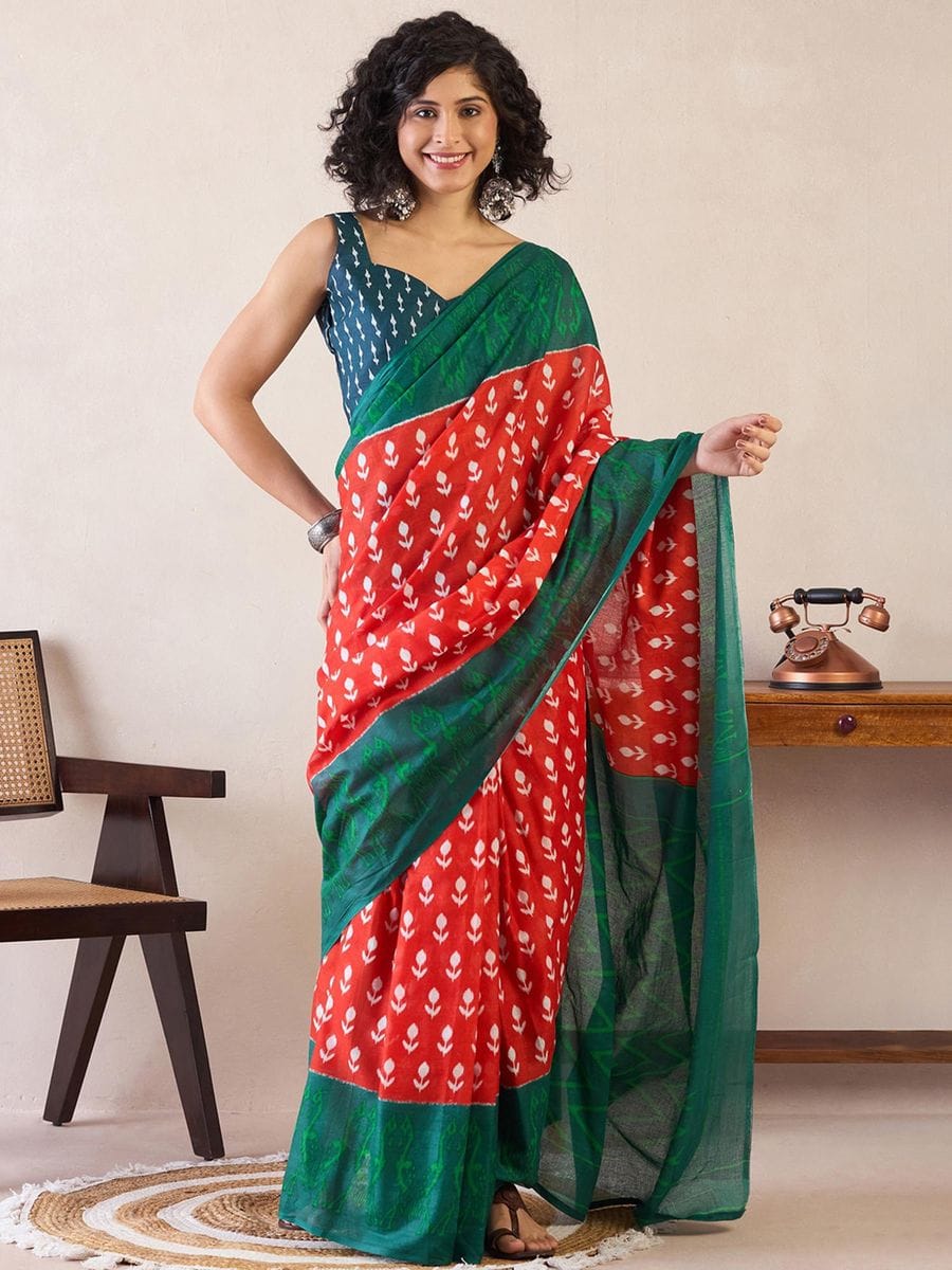 Luxuriant Red 1 Minute Ready To Wear Mul Cotton Digital Printed Saree With Pocket
