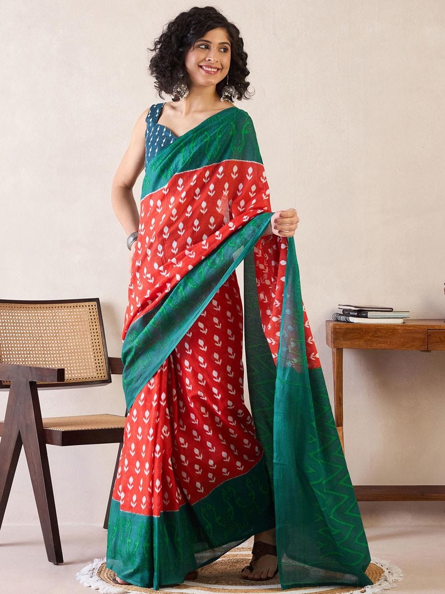 Luxuriant Red 1 Minute Ready To Wear Mul Cotton Digital Printed Saree With Pocket