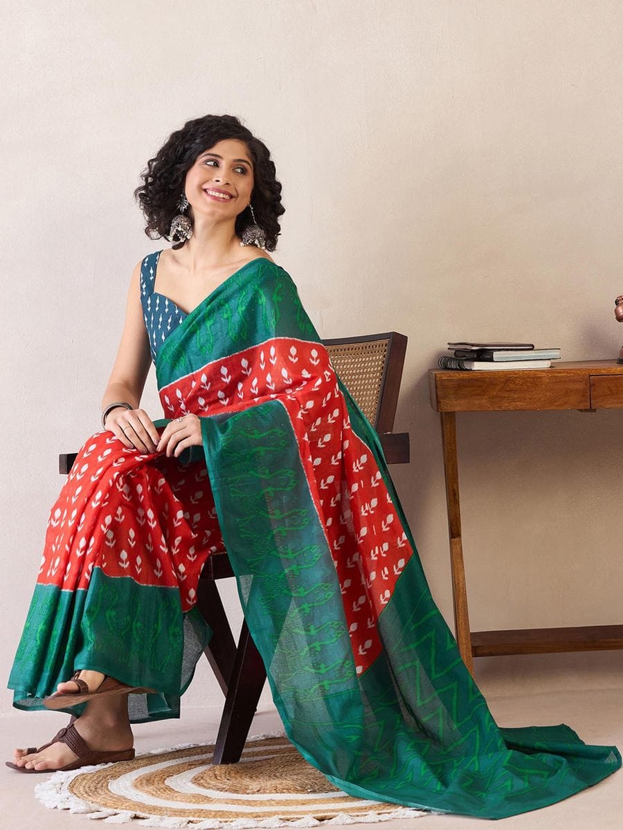 Luxuriant Red 1 Minute Ready To Wear Mul Cotton Digital Printed Saree With Pocket