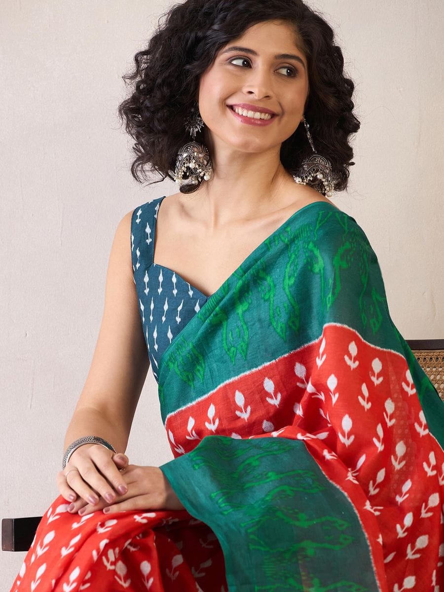 Luxuriant Red 1 Minute Ready To Wear Mul Cotton Digital Printed Saree With Pocket