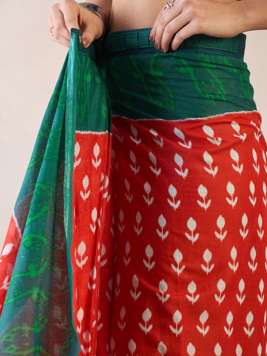 Luxuriant Red 1 Minute Ready To Wear Mul Cotton Digital Printed Saree With Pocket