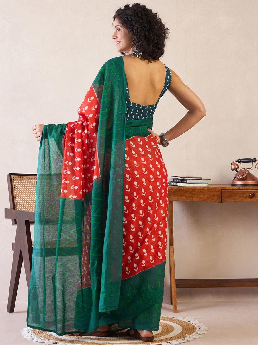 Luxuriant Red 1 Minute Ready To Wear Mul Cotton Digital Printed Saree With Pocket