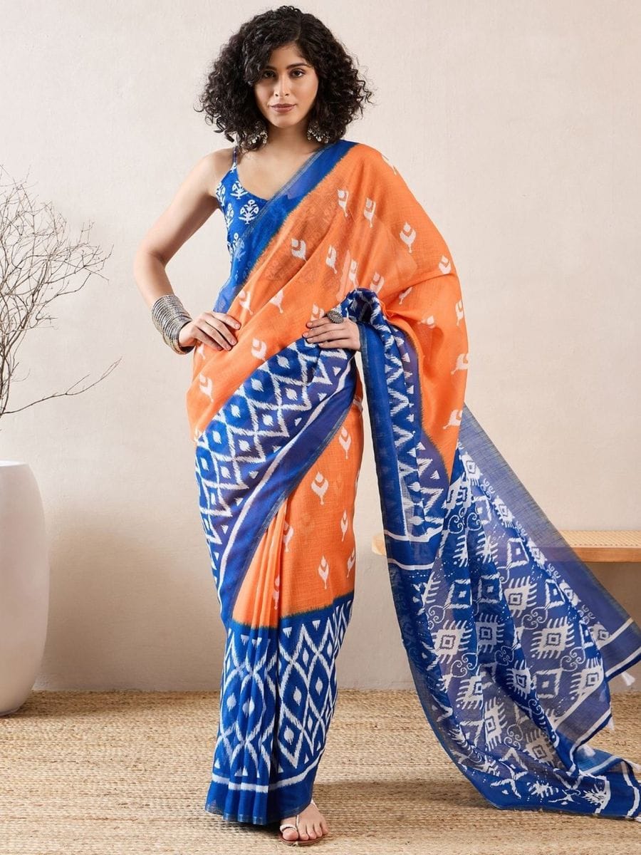 Mellifluous Orange 1 Minute Ready To Wear Mul Cotton Digital Printed Saree With Pocket