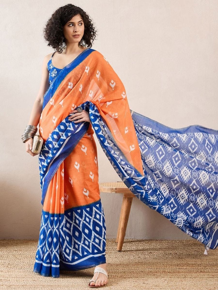 Mellifluous Orange 1 Minute Ready To Wear Mul Cotton Digital Printed Saree With Pocket