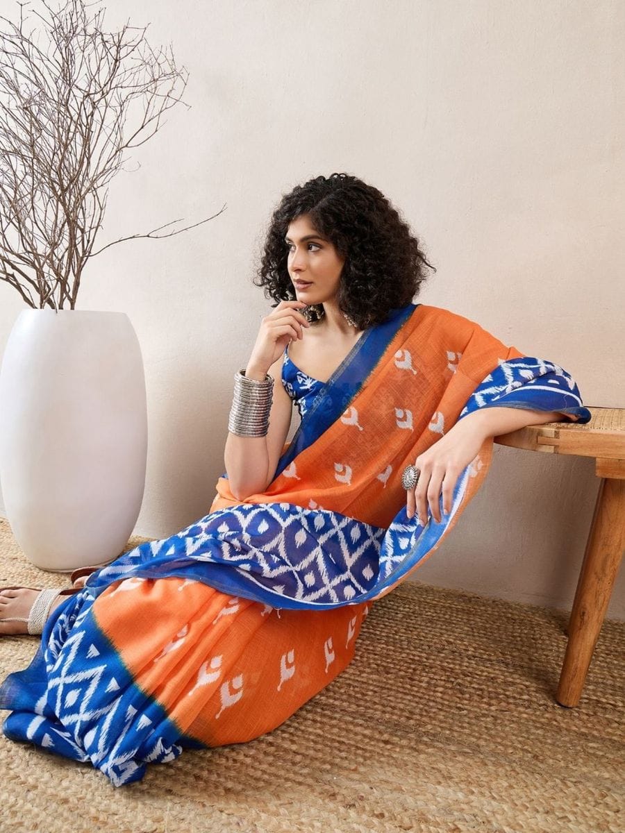 Mellifluous Orange 1 Minute Ready To Wear Mul Cotton Digital Printed Saree With Pocket
