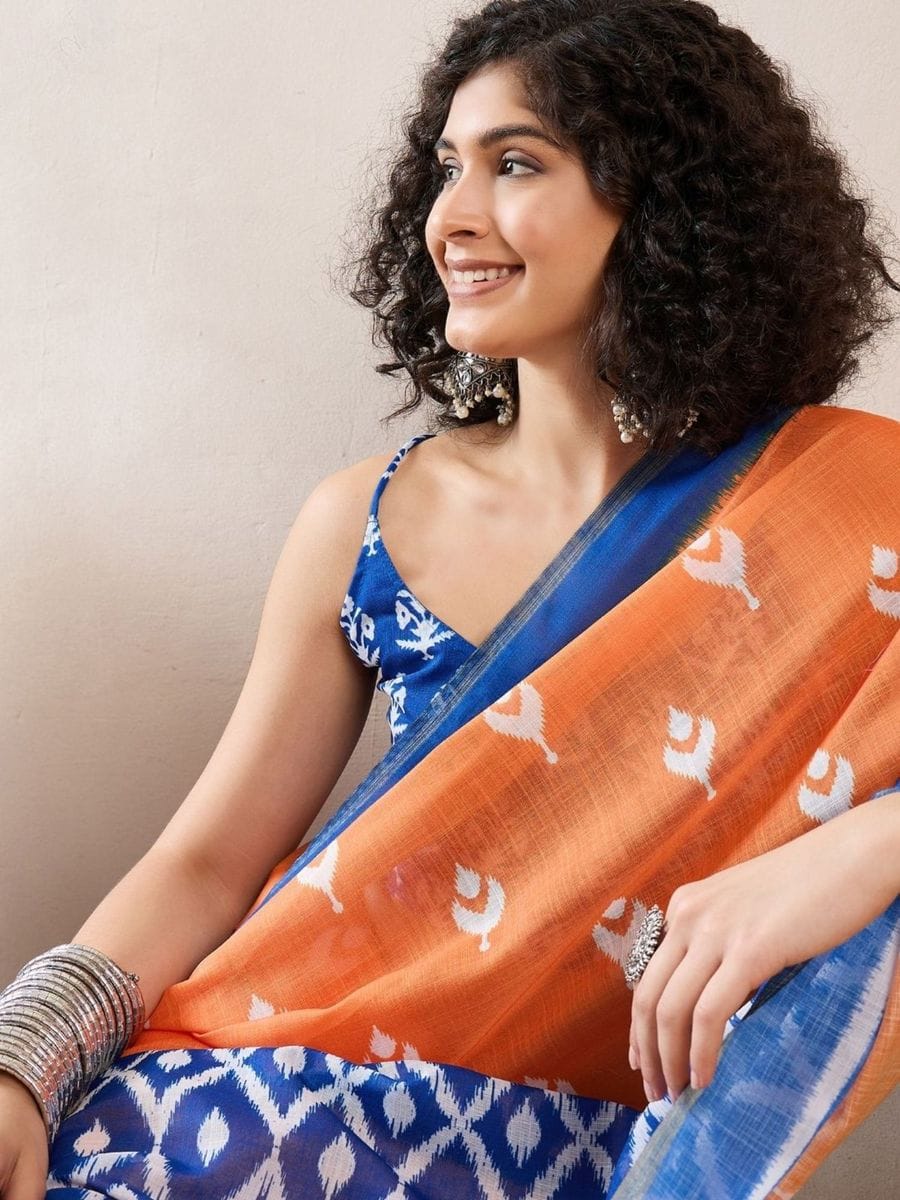 Mellifluous Orange 1 Minute Ready To Wear Mul Cotton Digital Printed Saree With Pocket