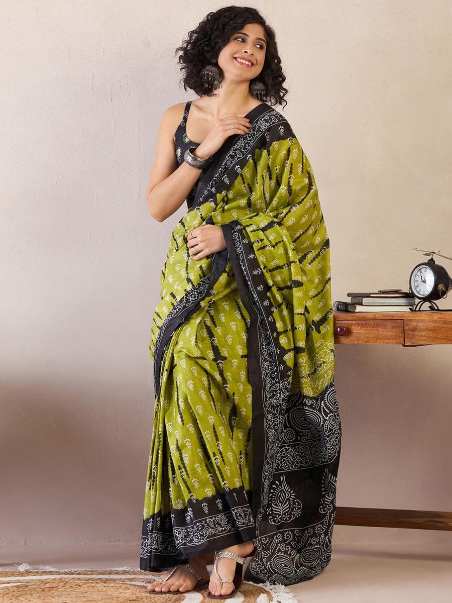 Elaborate Mehandi Blue 1 Minute Ready To Wear Mul Cotton Digital Printed Saree With Pocket