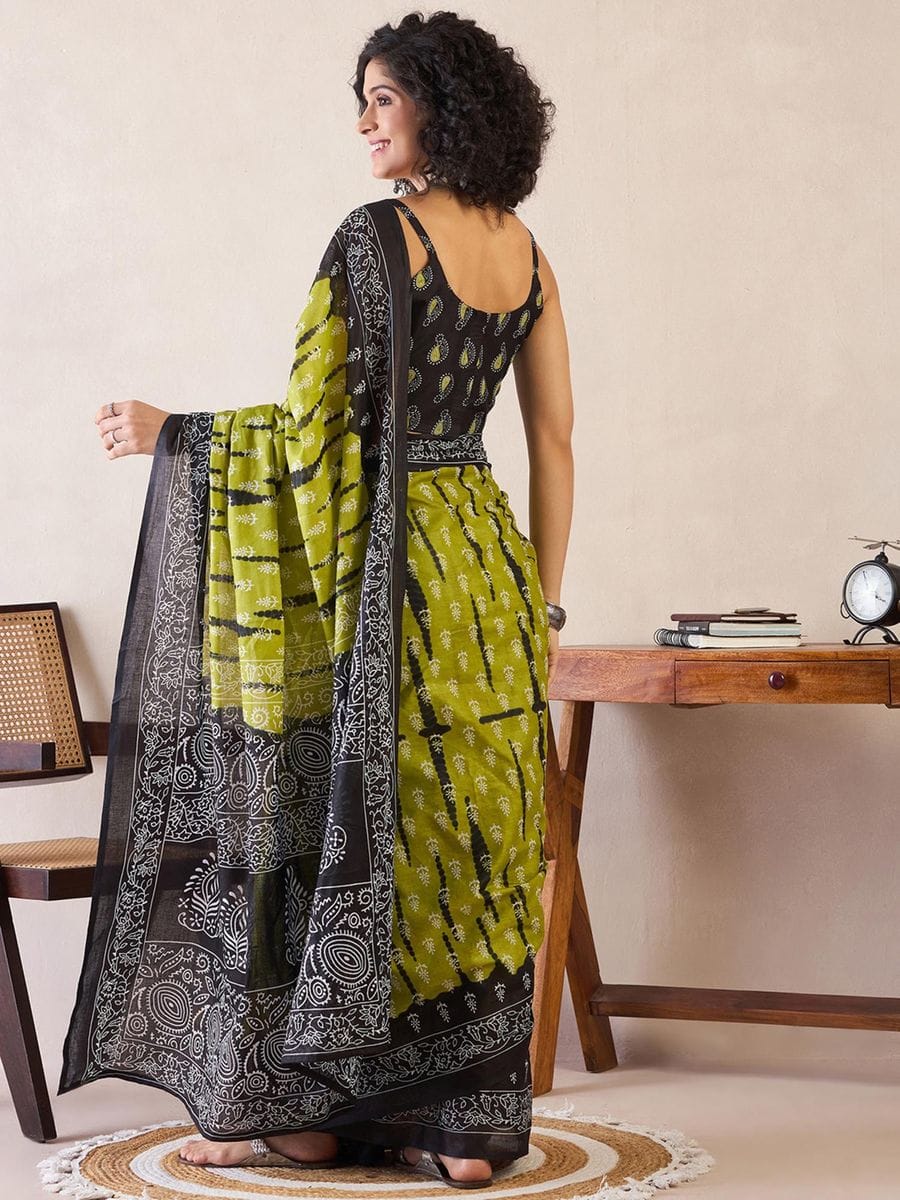 Elaborate Mehandi Blue 1 Minute Ready To Wear Mul Cotton Digital Printed Saree With Pocket