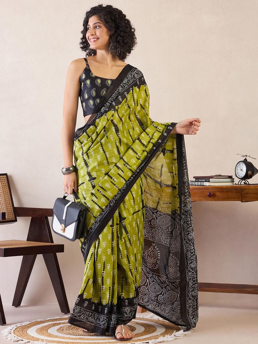 Elaborate Mehandi Blue 1 Minute Ready To Wear Mul Cotton Digital Printed Saree With Pocket