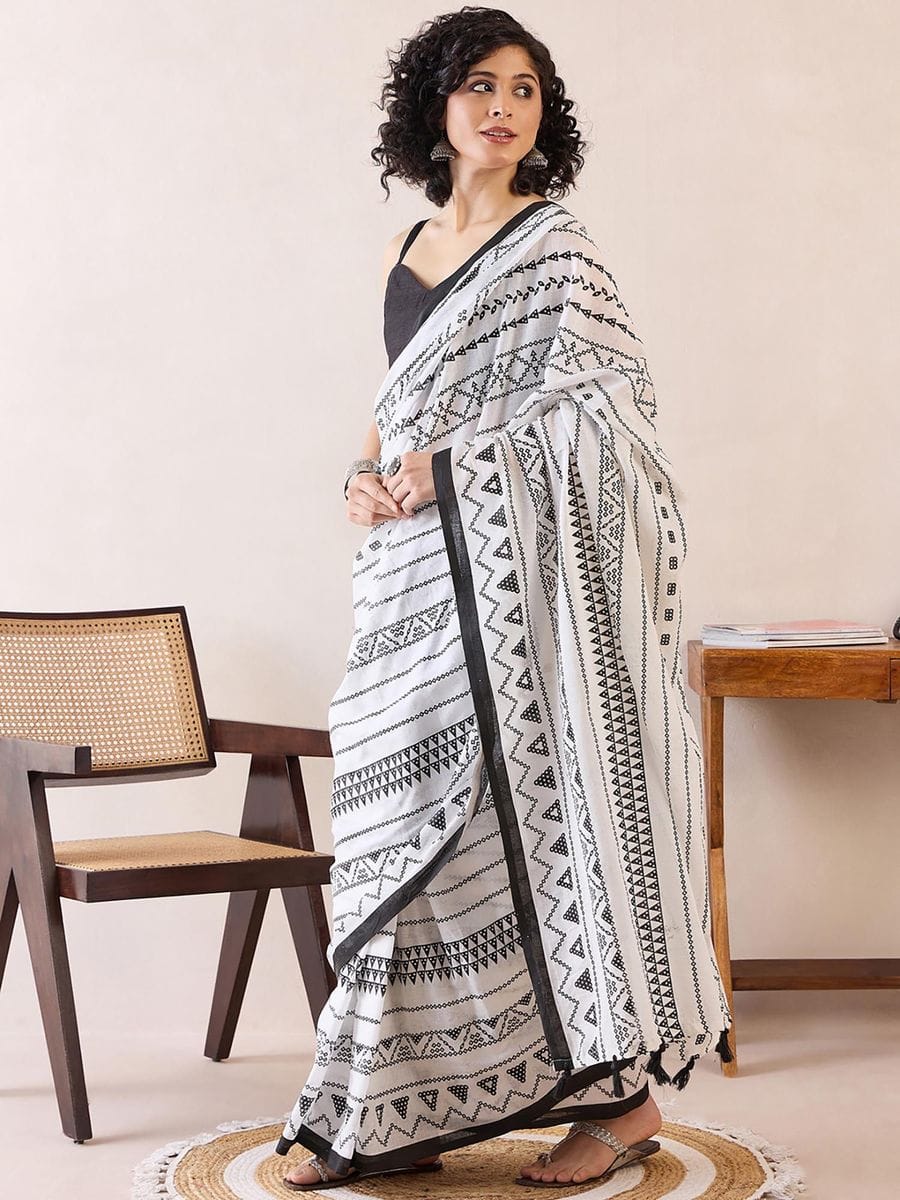 Classy White 1 Minute Ready To Wear Mul Cotton Digital Printed Saree With Pocket