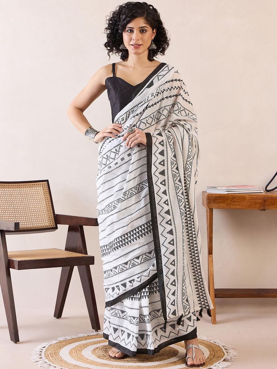 Classy White 1 Minute Ready To Wear Mul Cotton Digital Printed Saree With Pocket
