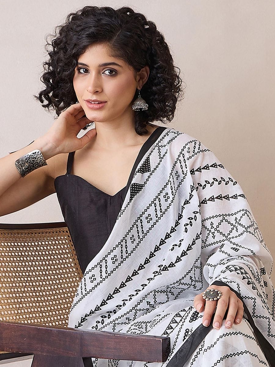 Classy White 1 Minute Ready To Wear Mul Cotton Digital Printed Saree With Pocket