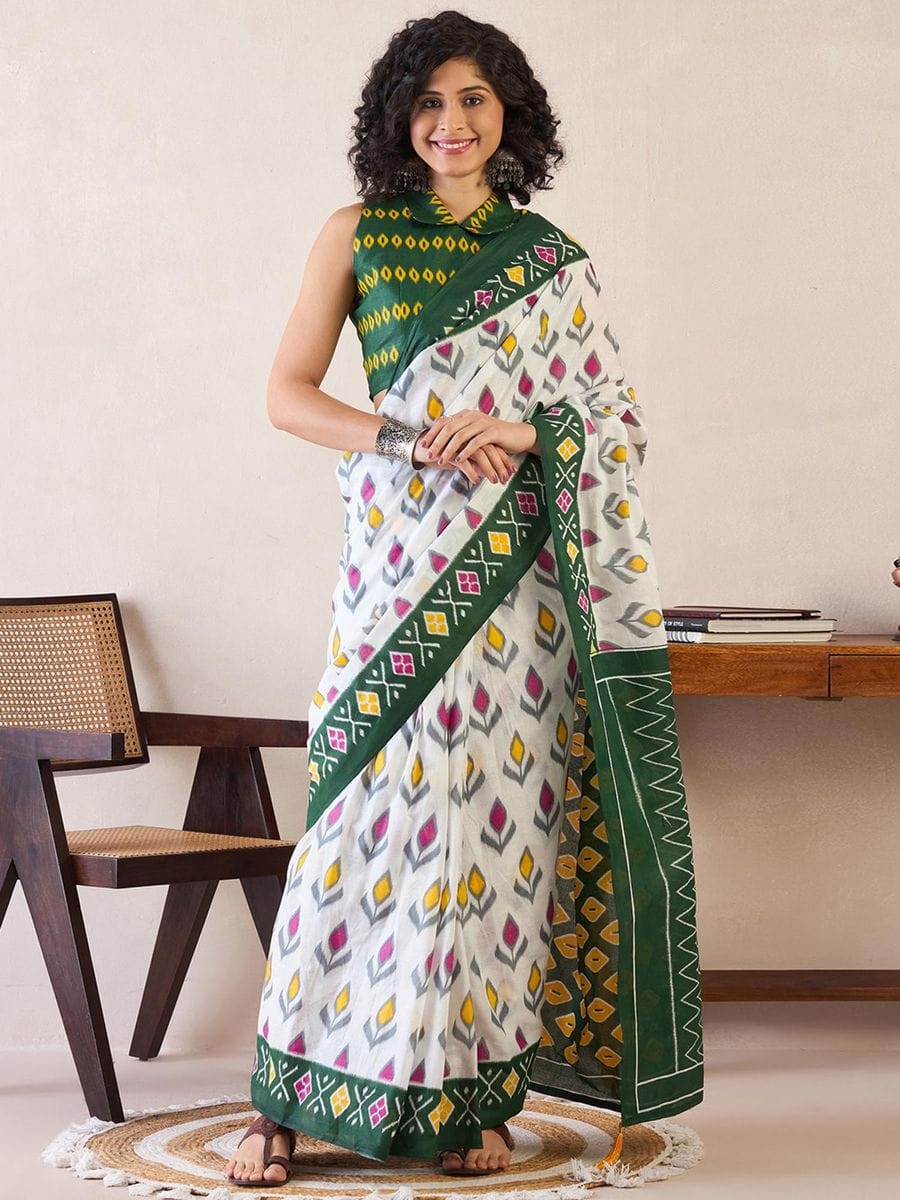 Seraglio White 1 Minute Ready To Wear Mul Cotton Digital Printed Saree With Pocket