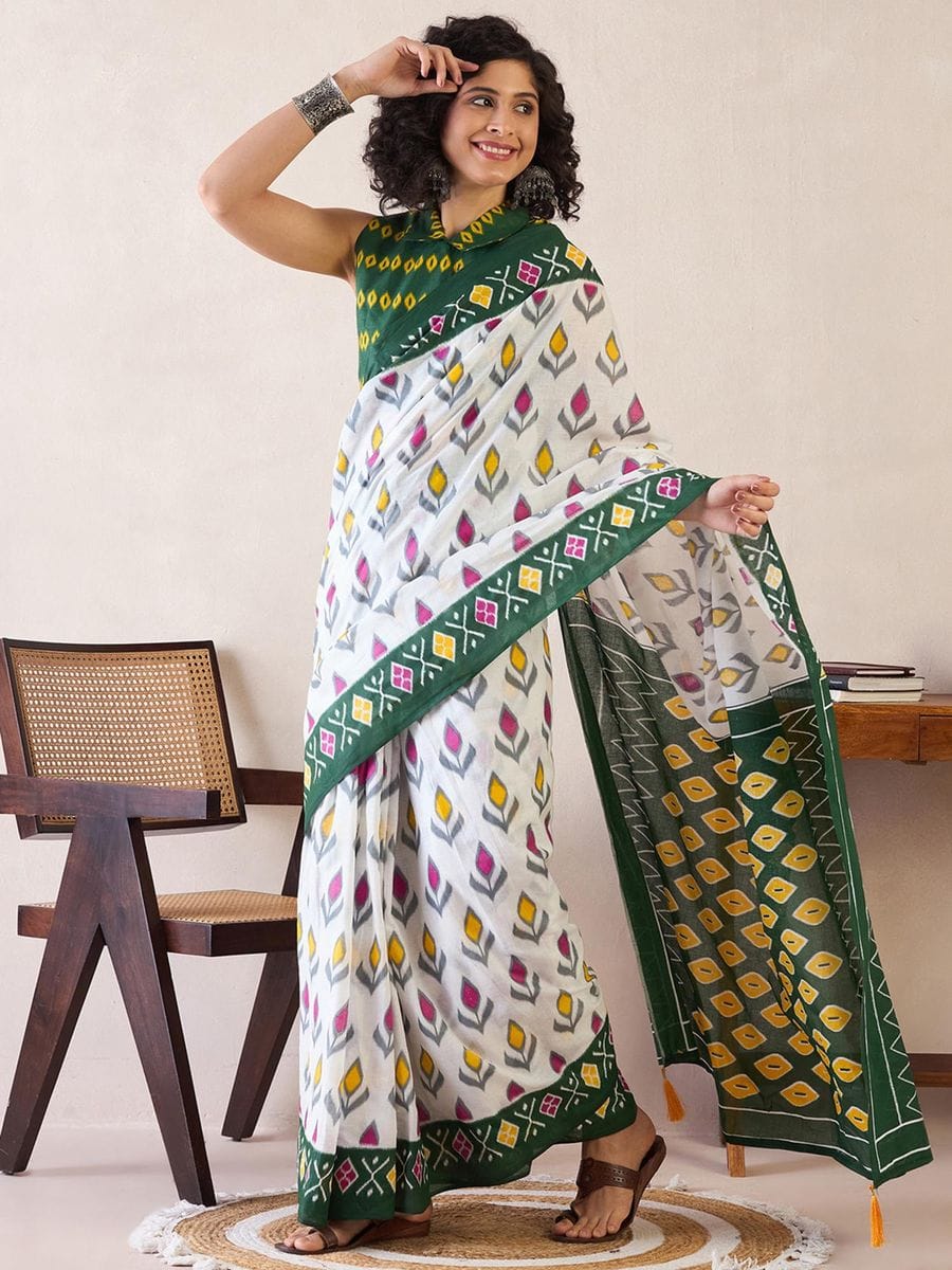 Seraglio White 1 Minute Ready To Wear Mul Cotton Digital Printed Saree With Pocket