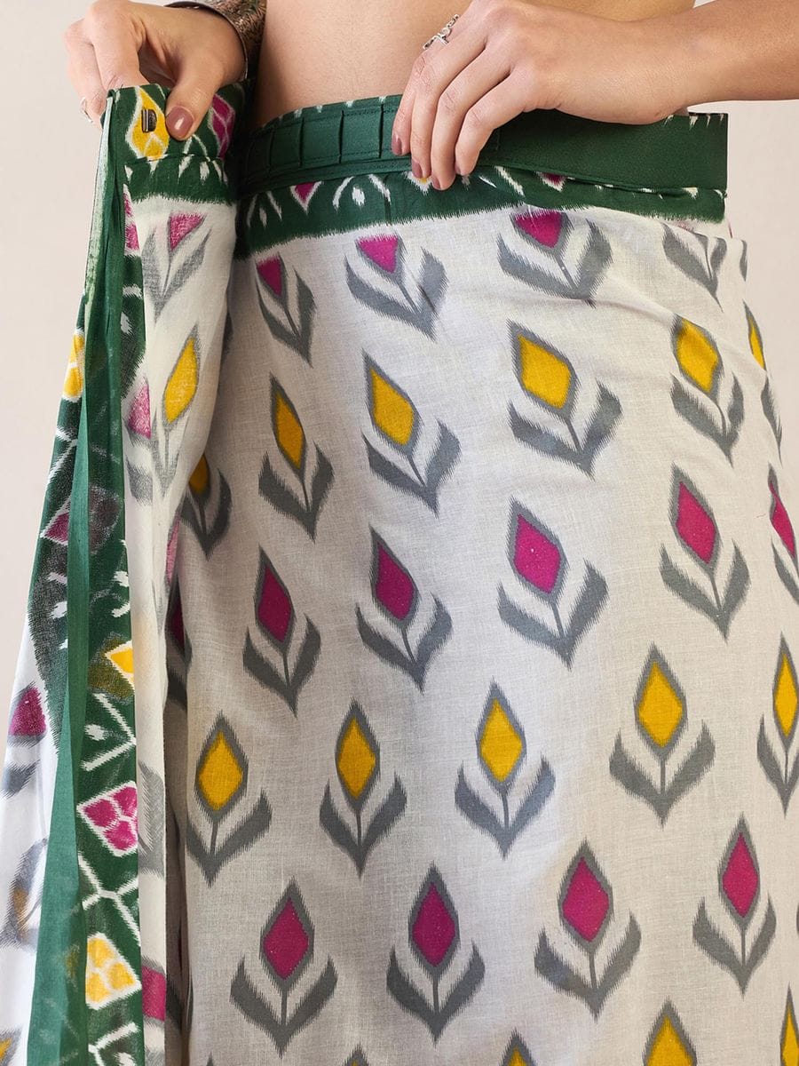 Seraglio White 1 Minute Ready To Wear Mul Cotton Digital Printed Saree With Pocket
