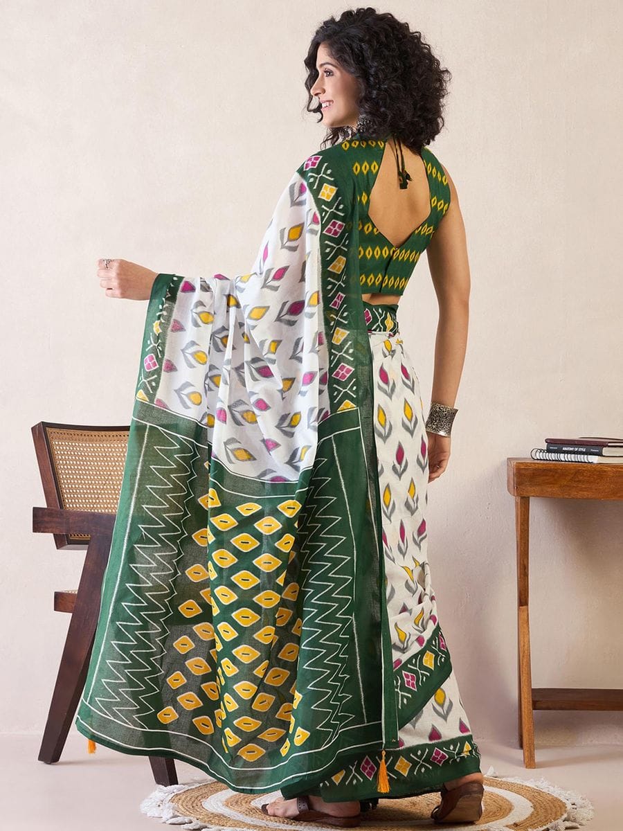 Seraglio White 1 Minute Ready To Wear Mul Cotton Digital Printed Saree With Pocket