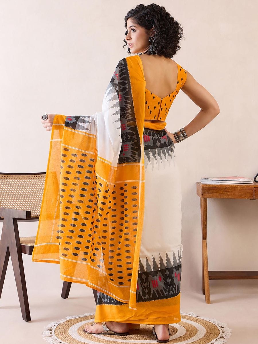 Trendy White 1 Minute Ready To Wear Mul Cotton Digital Printed Saree With Pocket