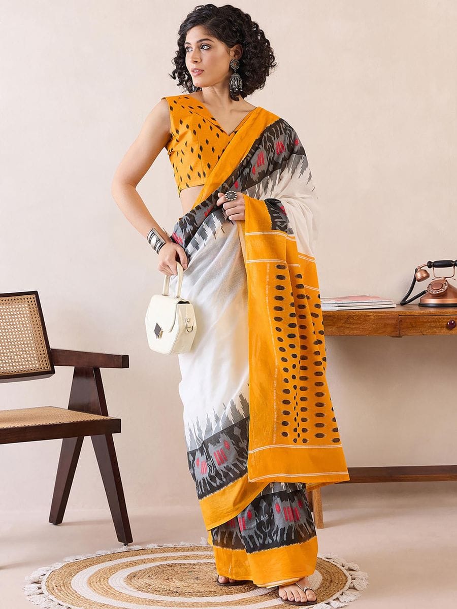 Trendy White 1 Minute Ready To Wear Mul Cotton Digital Printed Saree With Pocket