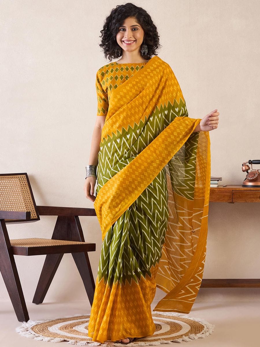 Adorning Green And Yellow 1 Minute Ready To Wear Mul Cotton Digital Printed Saree With Pocket