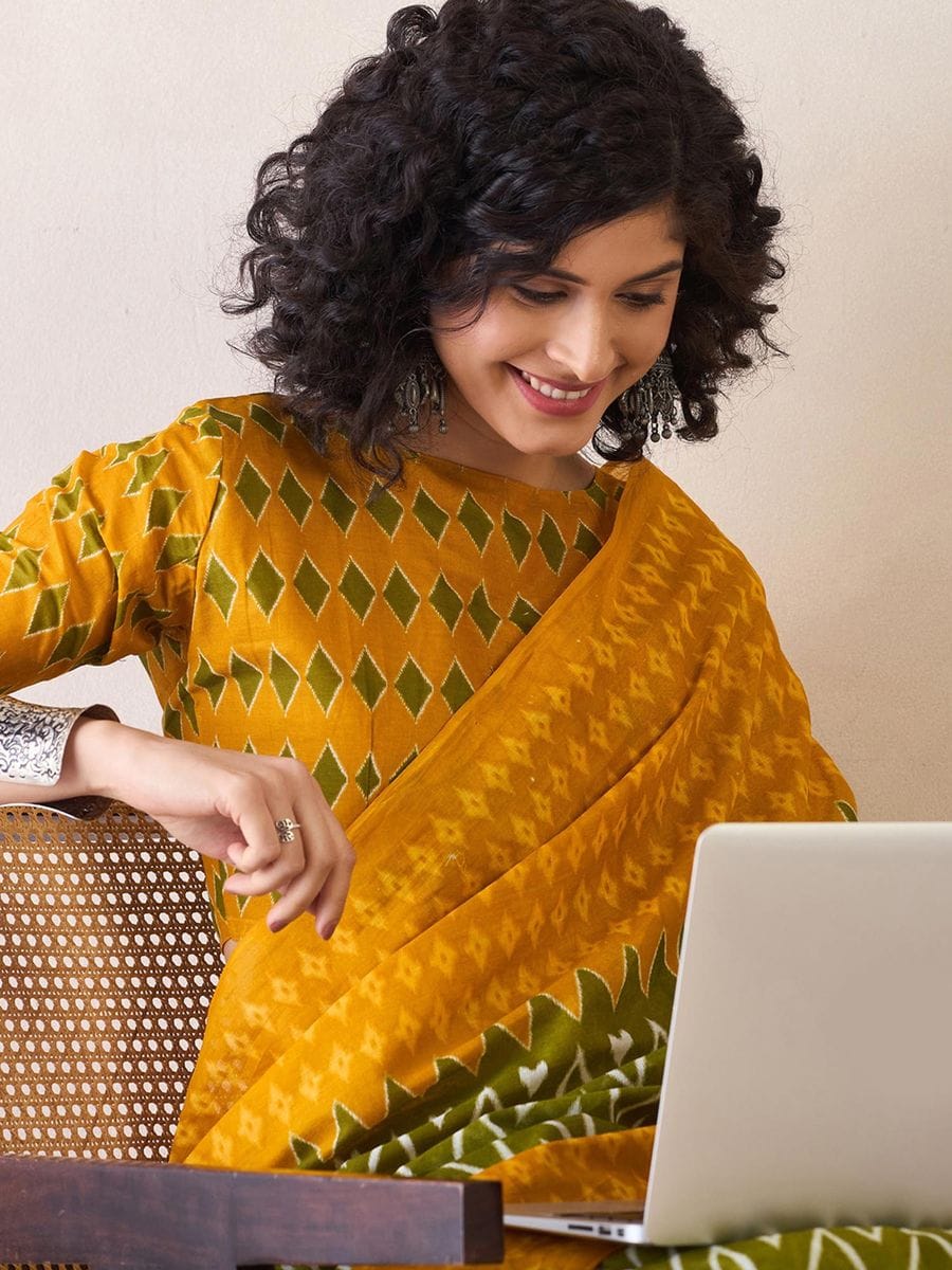 Adorning Green And Yellow 1 Minute Ready To Wear Mul Cotton Digital Printed Saree With Pocket