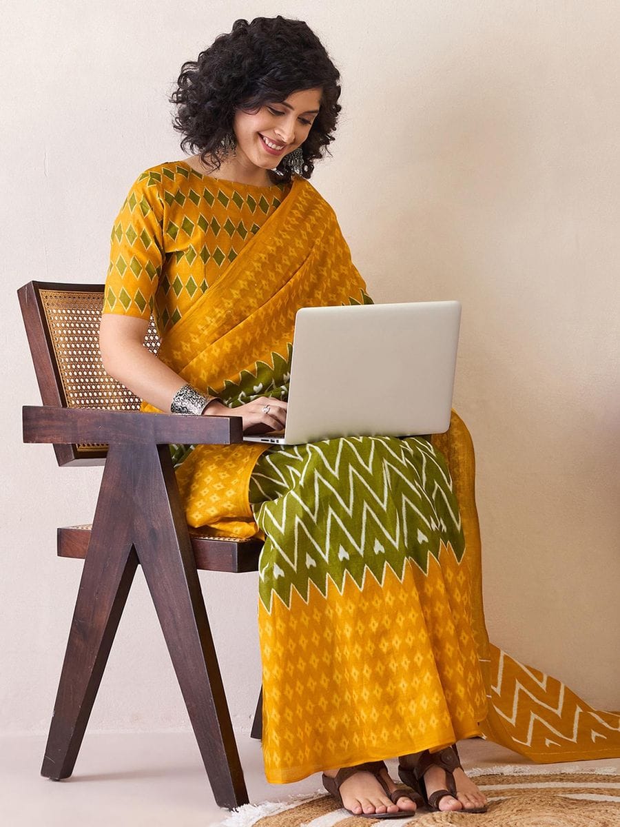 Adorning Green And Yellow 1 Minute Ready To Wear Mul Cotton Digital Printed Saree With Pocket