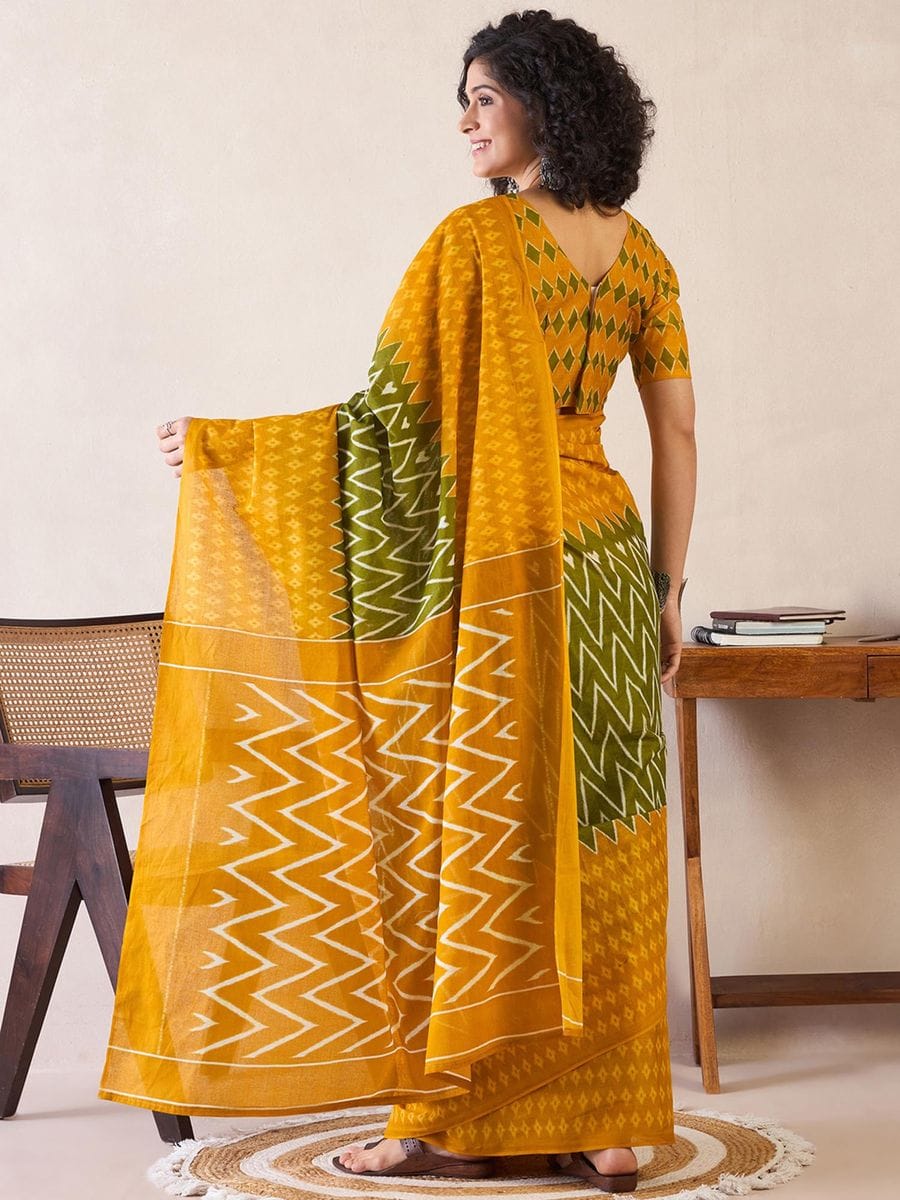 Adorning Green And Yellow 1 Minute Ready To Wear Mul Cotton Digital Printed Saree With Pocket