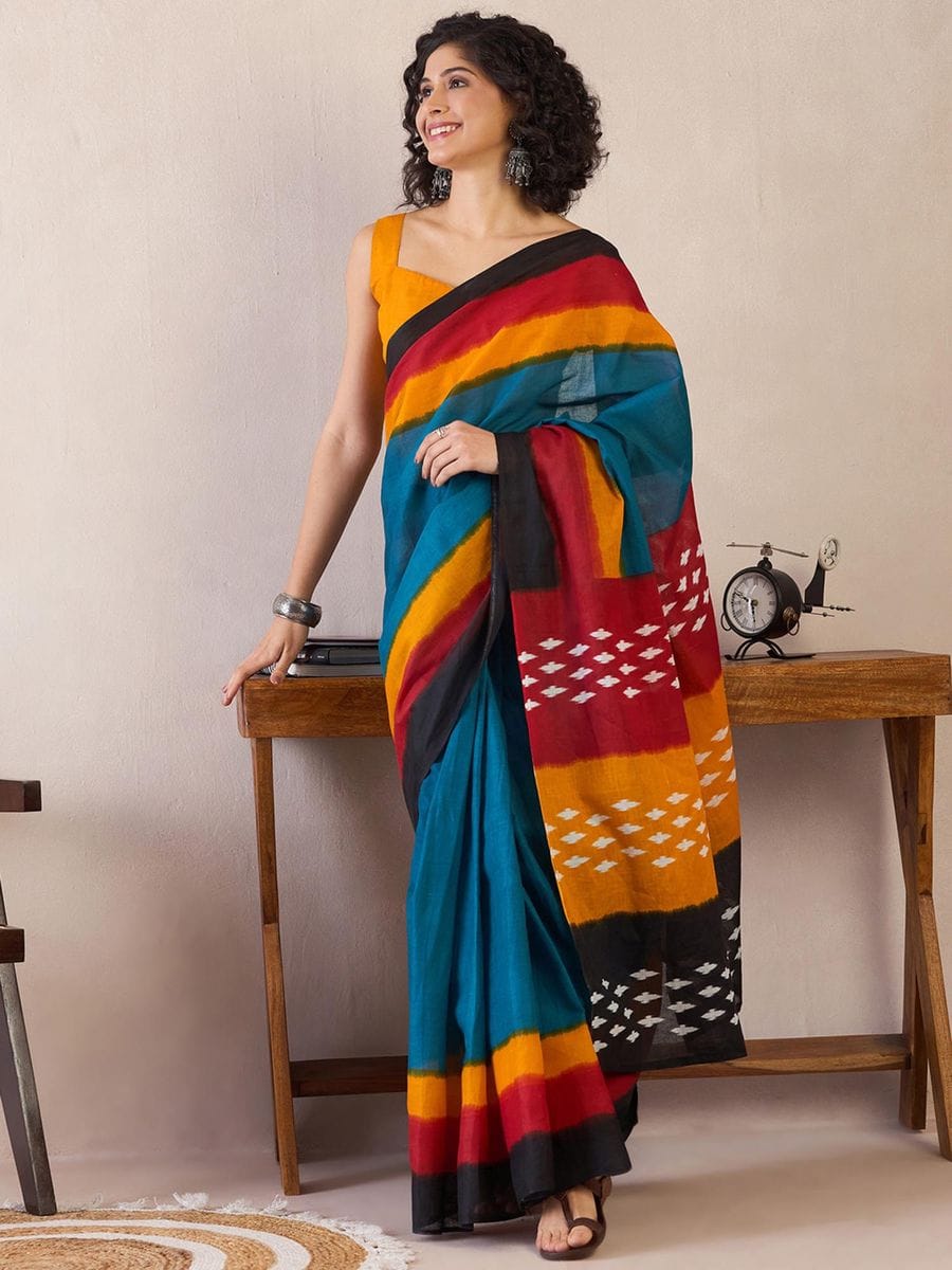 Blooming Blue 1 Minute Ready To Wear Mul Cotton Digital Printed Saree With Pocket