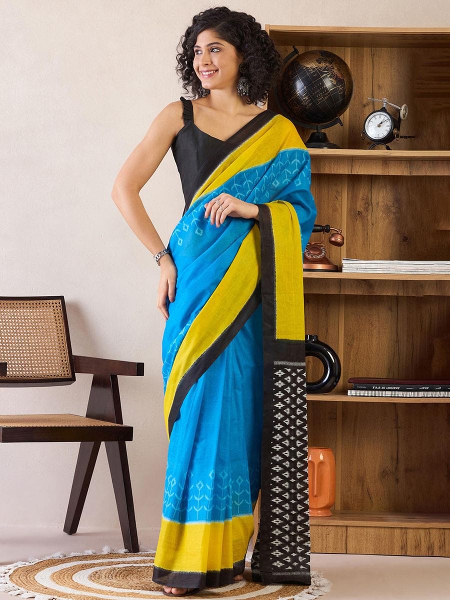 Classy Blue 1 Minute Ready To Wear Mul Cotton Digital Printed Saree With Pocket