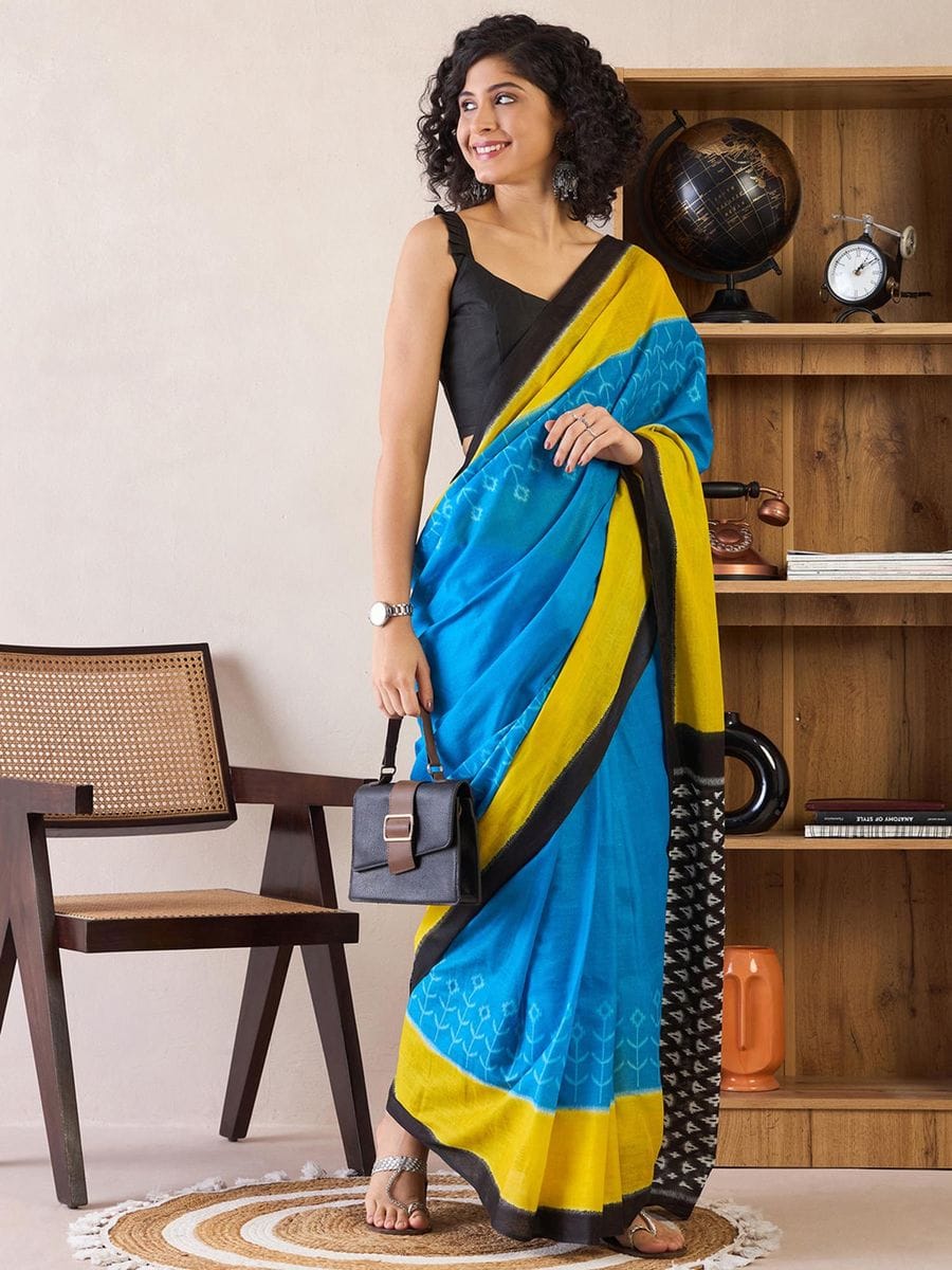Classy Blue 1 Minute Ready To Wear Mul Cotton Digital Printed Saree With Pocket