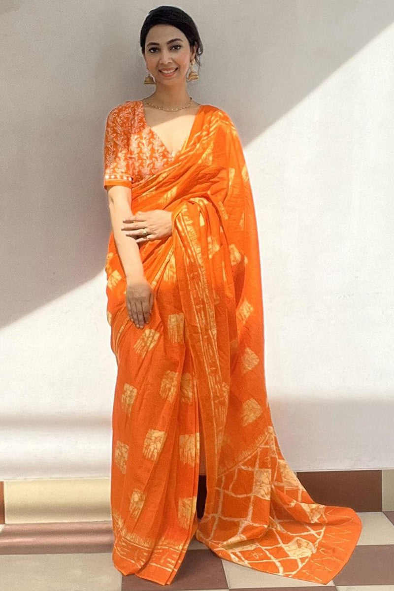 Bewitching Orange 1 Minute Ready To Wear Mul Cotton Digital Printed Saree With Pocket
