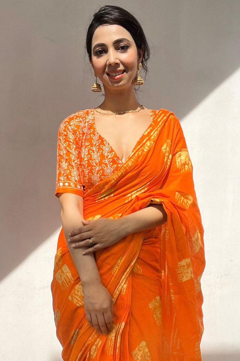 Bewitching Orange 1 Minute Ready To Wear Mul Cotton Digital Printed Saree With Pocket