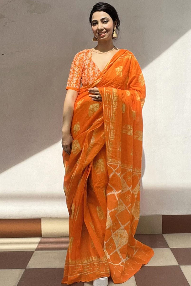 Bewitching Orange 1 Minute Ready To Wear Mul Cotton Digital Printed Saree With Pocket