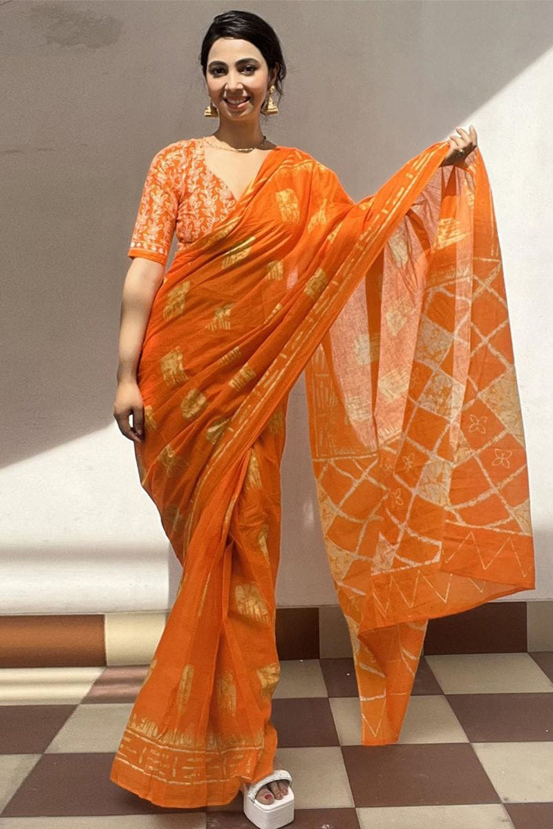 Bewitching Orange 1 Minute Ready To Wear Mul Cotton Digital Printed Saree With Pocket