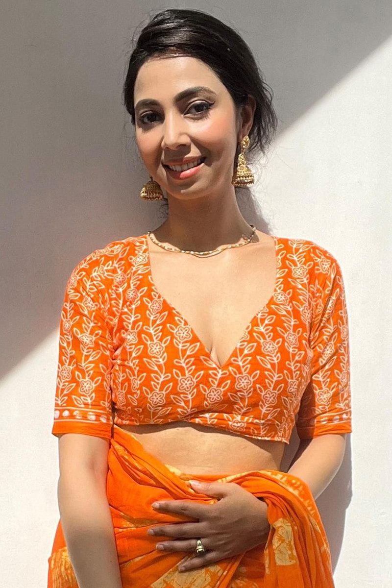 Bewitching Orange 1 Minute Ready To Wear Mul Cotton Digital Printed Saree With Pocket