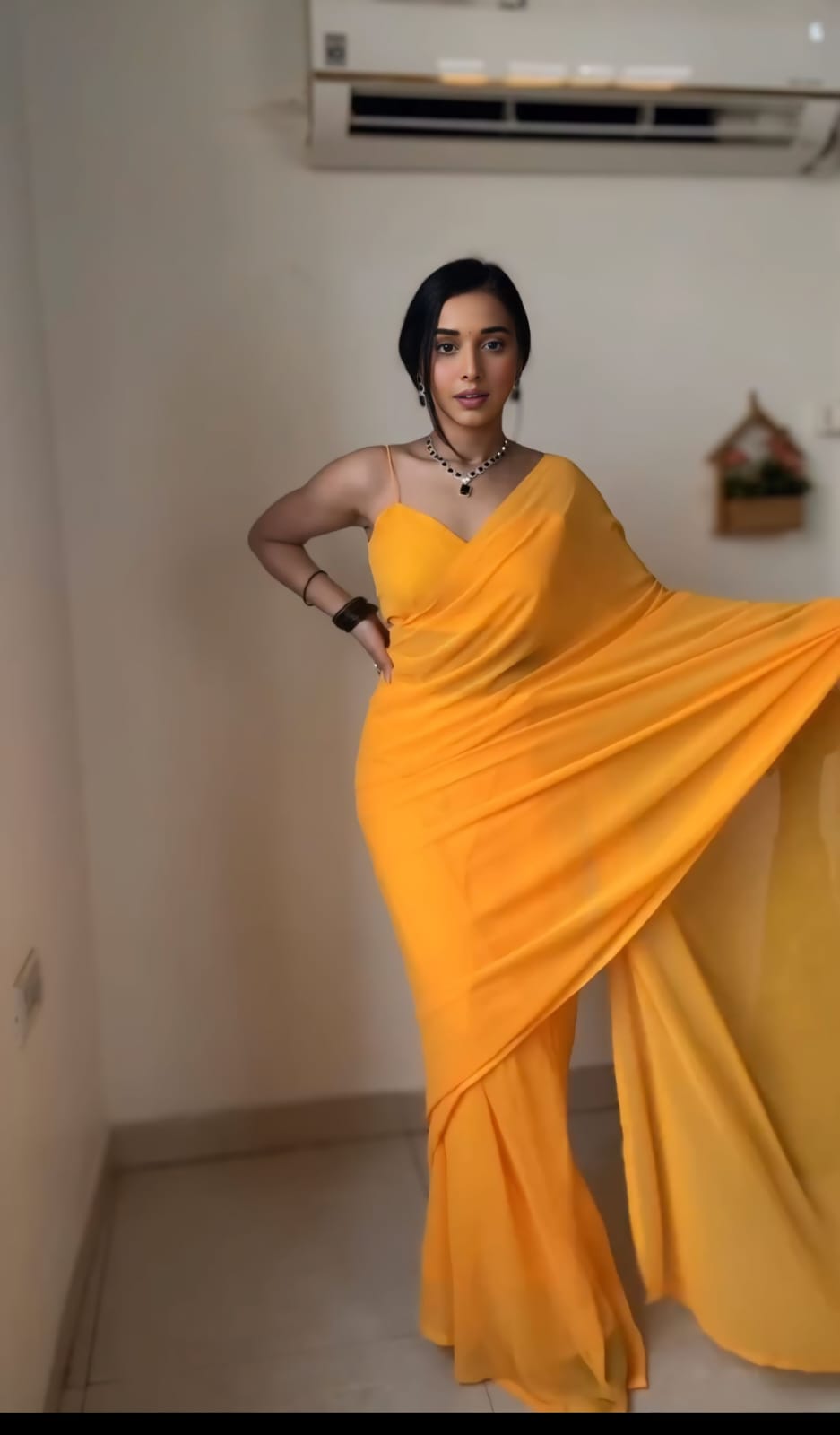 Scintilla Yellow 1 Minute Ready To Wear Georgette Silk Saree