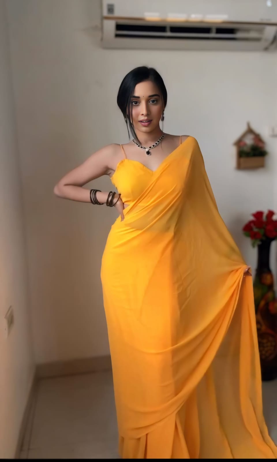 Scintilla Yellow 1 Minute Ready To Wear Georgette Silk Saree